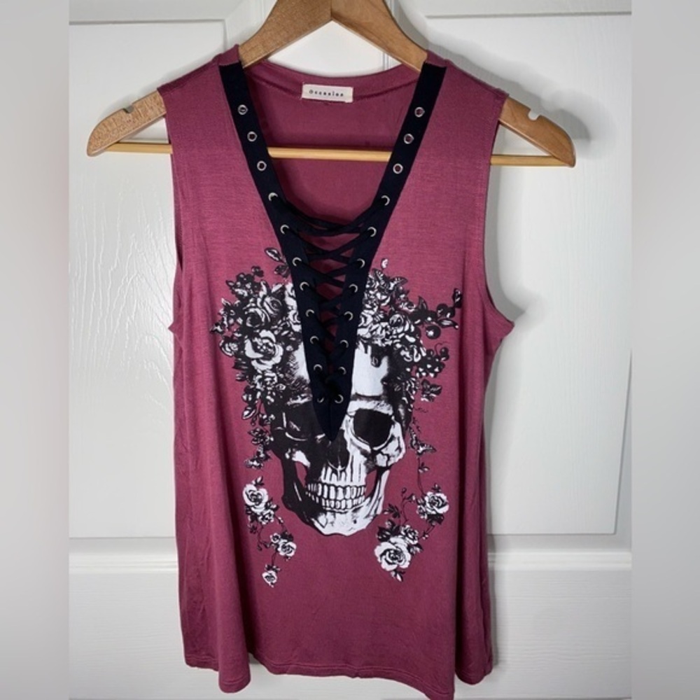 Skull and Roses Lace-Up Tank Top | Dusty Pink Goth Aesthetic Size M
